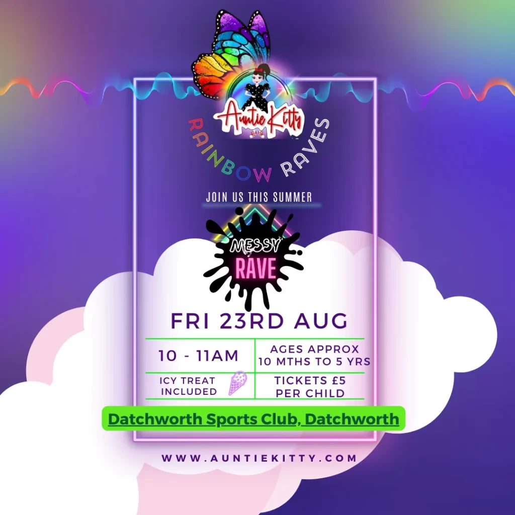 Poster for a Messy Rave at Datchworth Sports Club on Friday 23rd August 2024